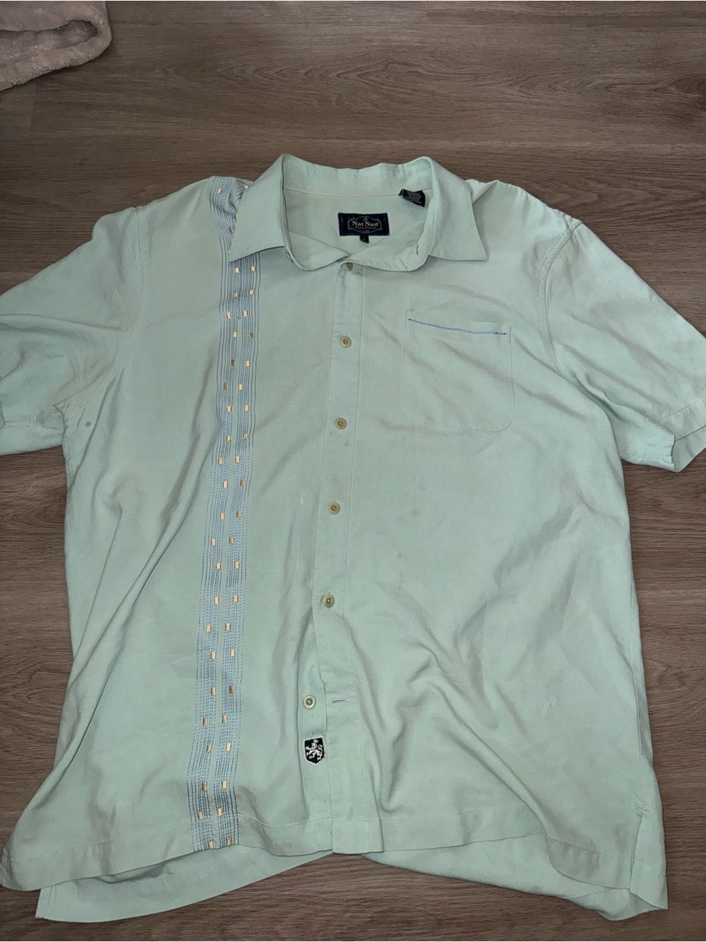 Nat Nast Mint Green Short-Sleeve Button-Down Shirt with Embroidered Stripe